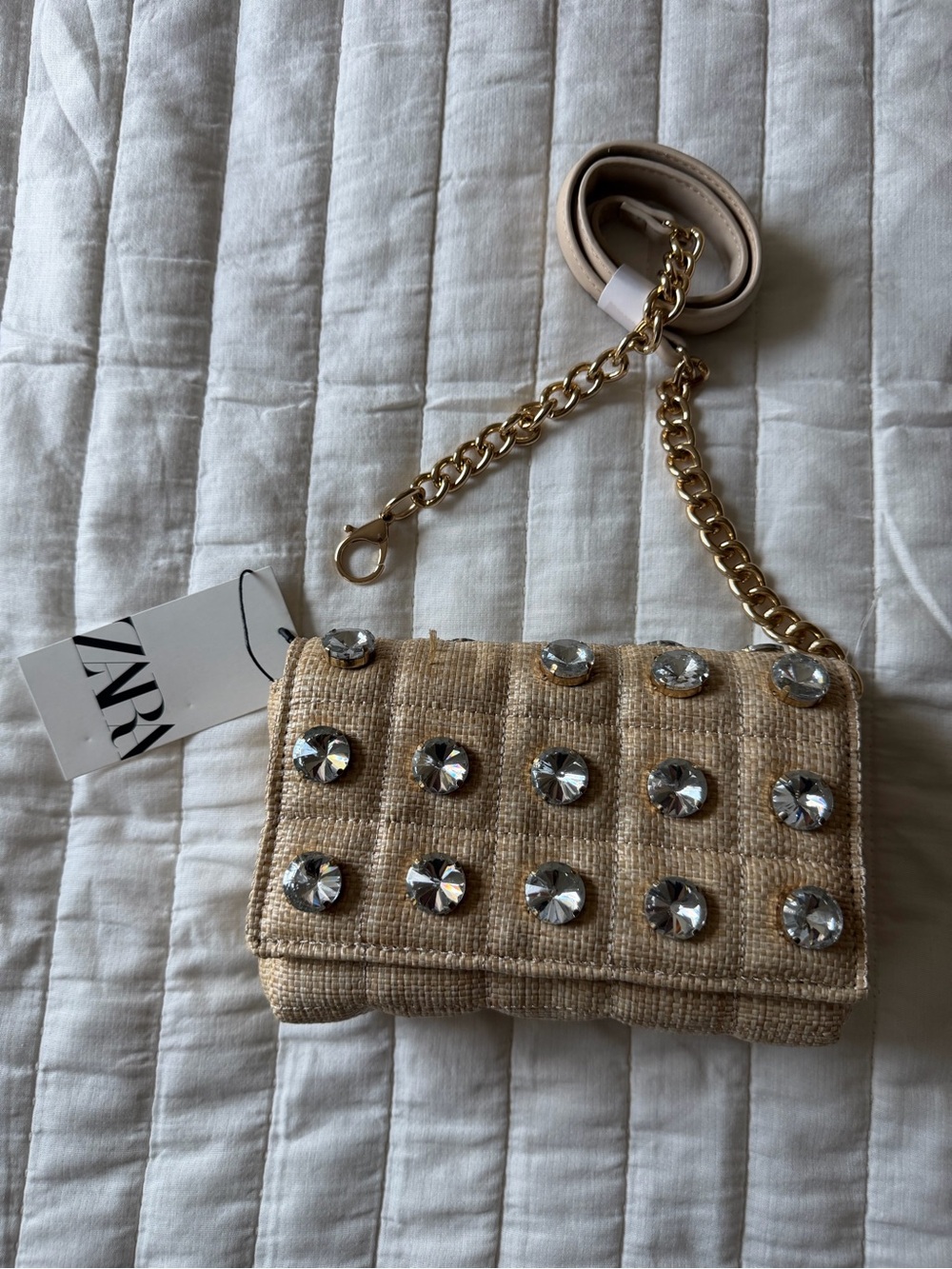 Zara Beige Crystal-Stud Chain Mini Bag